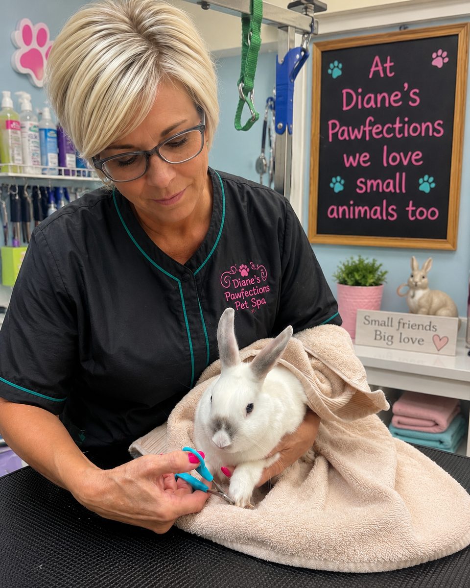 Diane grooming a small rabbit at Diane's PawFections - we love small animals too!