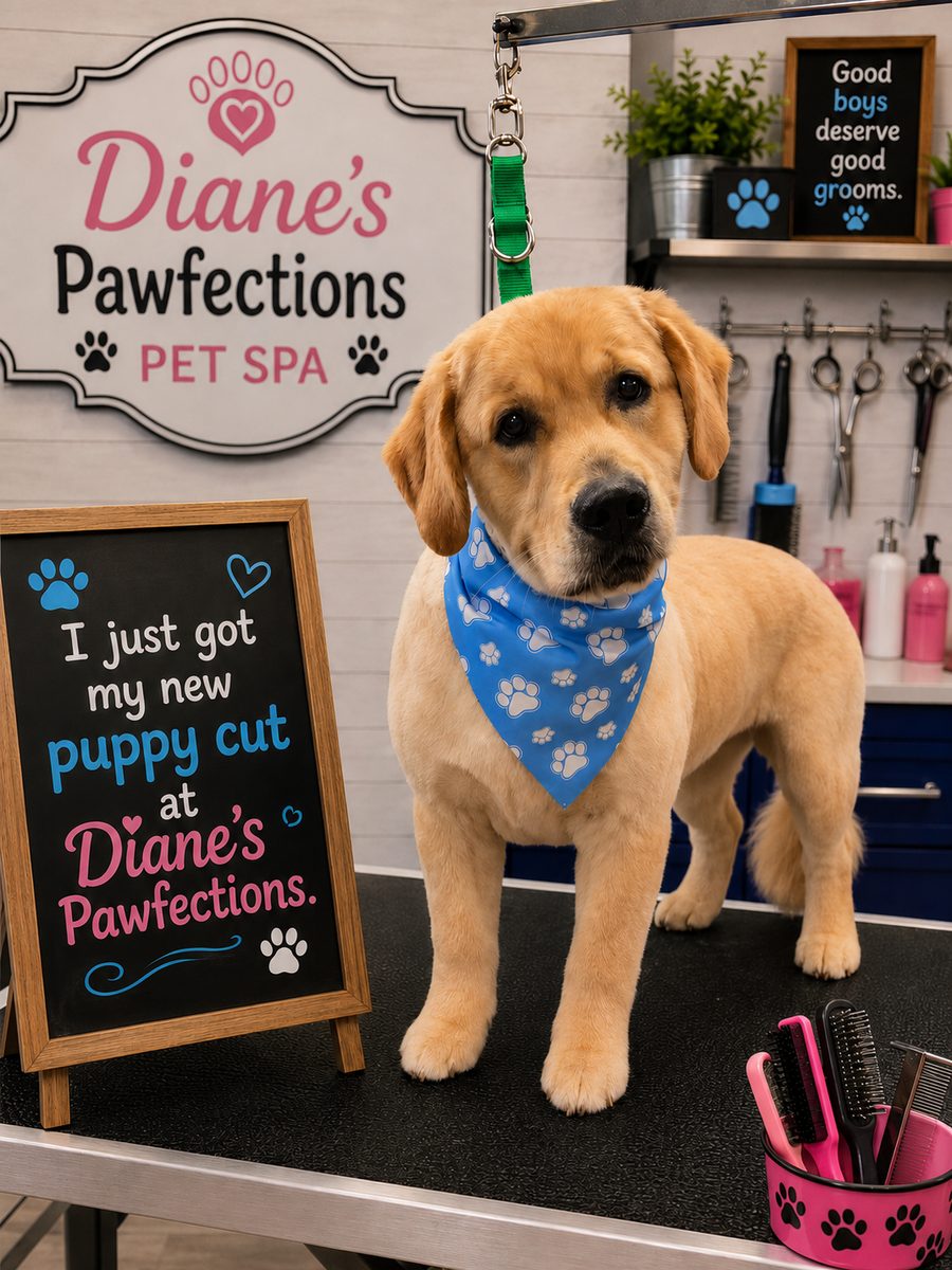 Golden retriever puppy first cut at Diane's PawFections