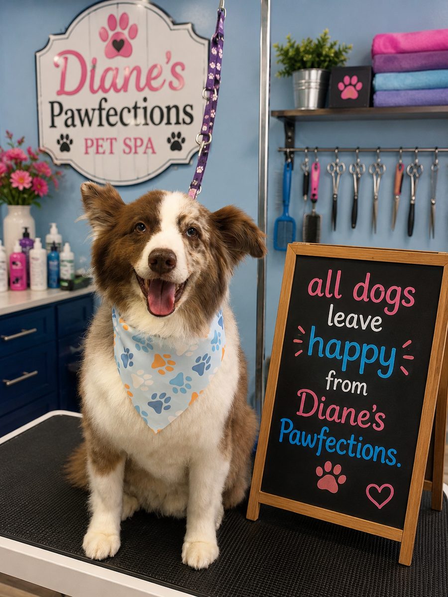 Happy dog after grooming at Diane's PawFections