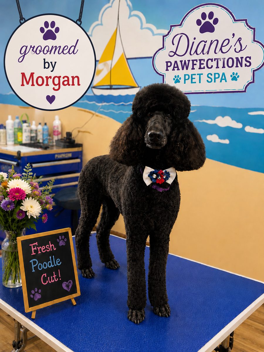 Standard black poodle fresh poodle cut groomed by Morgan