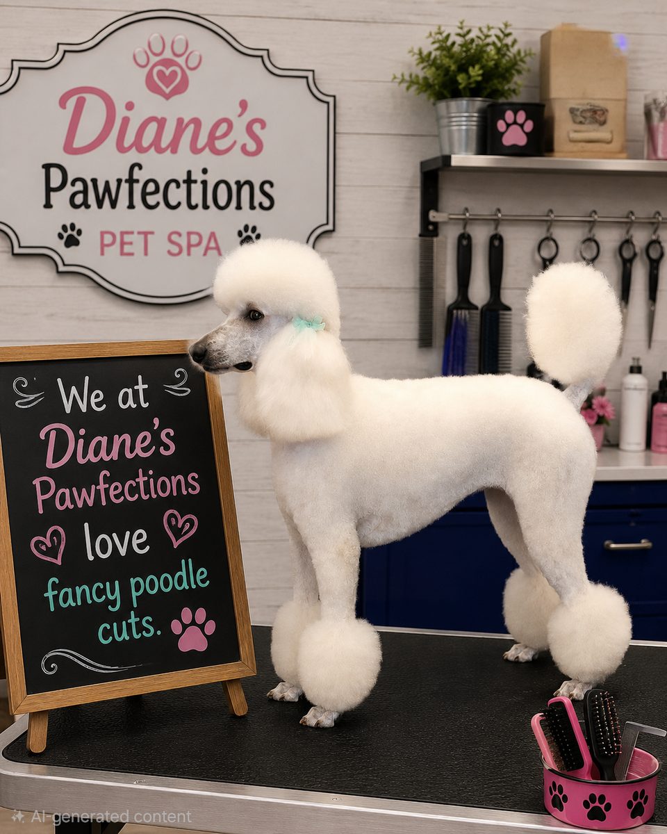 White poodle fancy cut at Diane's PawFections