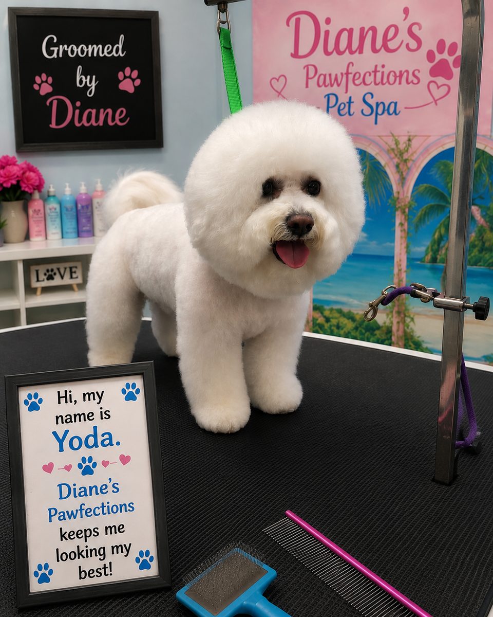 Yoda the Bichon Frise perfectly groomed at Diane's PawFections